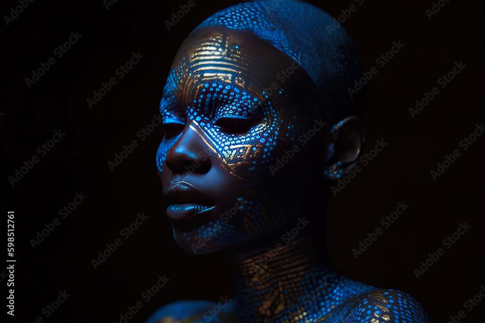 Elevate your designs with Black Model Futuristic Ethnic clipart, showcasing a stunning African woman with bodyart in a stylish, creative portrait, blending beauty, fashion, and illustration.