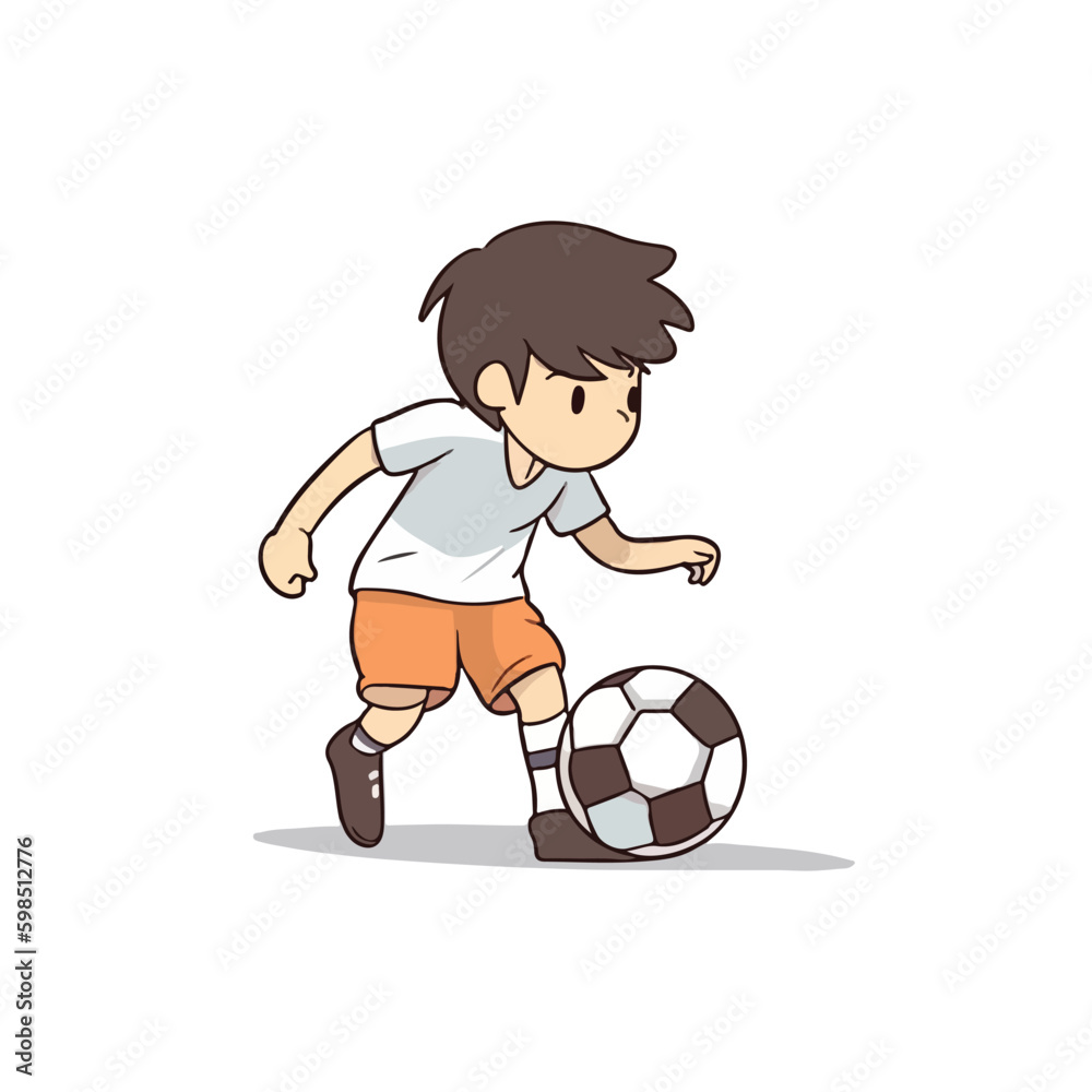 Cute happy little boy playing football soccer cartoon flat character vector illustration Cute happy little boy playing football soccer cartoon flat character vector illustration
