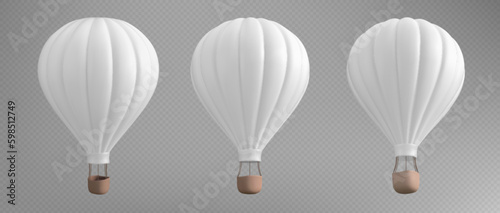 3d white hot air balloon isolated vector illustration. Realistic adventure airship with basket to fly on gas. Aerostat for recreation and travel mockup. Vintage outdoor expedition float baloon set photo