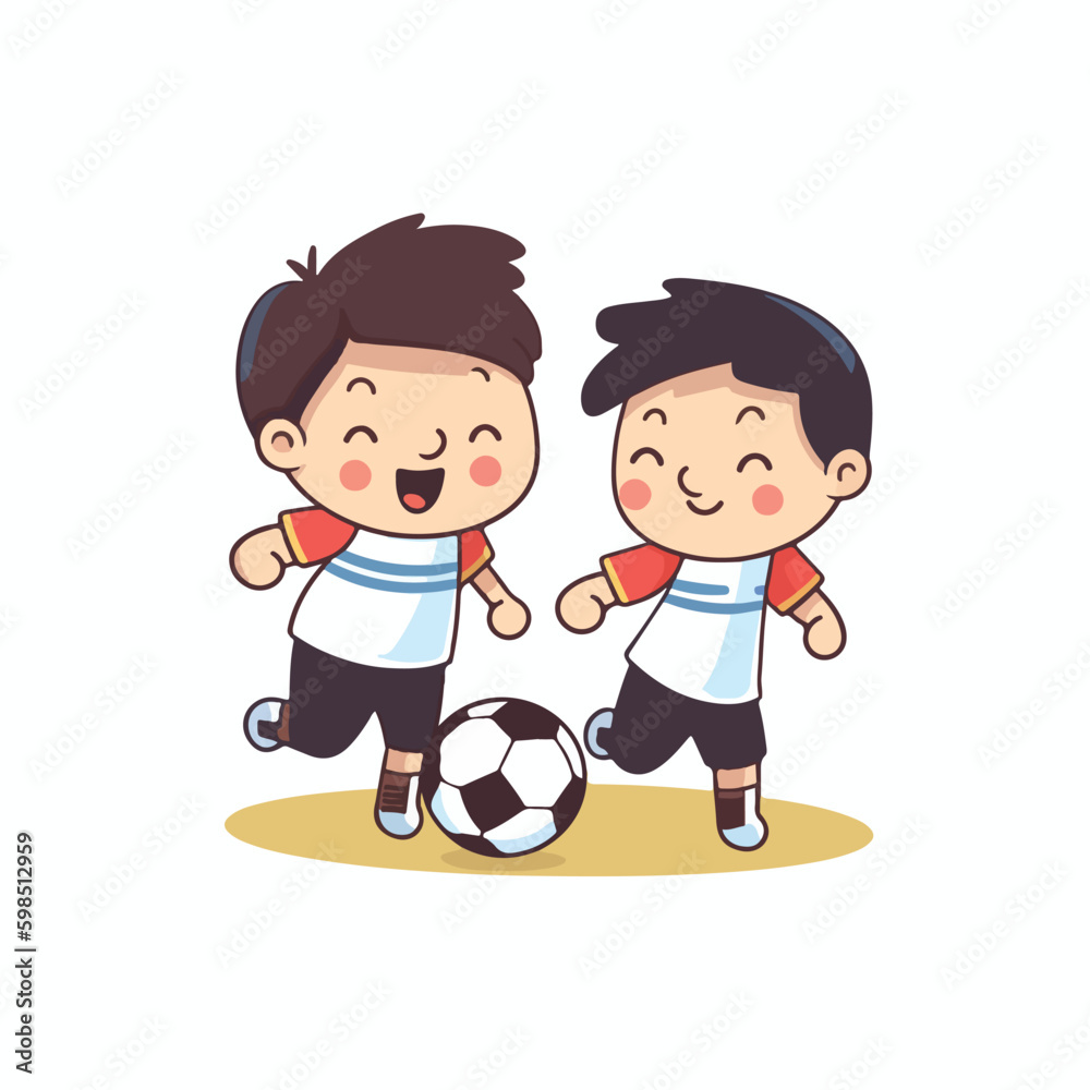 Cute happy little boy playing football soccer cartoon flat character vector illustration Cute happy little boy playing football soccer cartoon flat character vector illustration