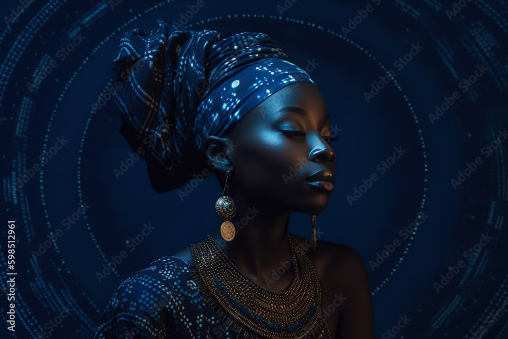Elevate your designs with Black Model Futuristic Ethnic clipart, showcasing a stunning African woman with bodyart in a stylish, creative portrait, blending beauty, fashion, and illustration. - obrazy, fototapety, plakaty 