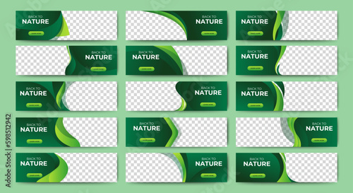 Big set of green horizontal nature banner templates. Modern ecology design, abstract background layout with photos. Editable vector collection corporate banner.	