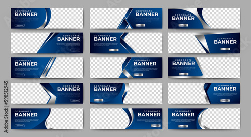 Big set of blue horizontal business banner templates. Modern technology design, abstract background layout with photos. Editable Vector collection corporate banner.	