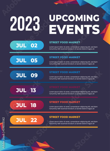 2023 upcoming events schedule template. timeline event schedule. vector template