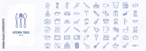 A collection sheet of outline icons for Kitchen Tools, including icons like Apron, Butcher knife, Cooker, Coffee mug and more