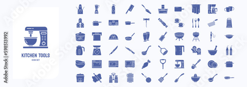 A collection sheet of solid icons for Kitchen Tools, including icons like Apron, Butcher knife, Cooker, Coffee mug and more