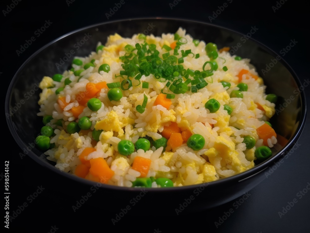 fried rice with diced carrots, peas, and scrambled eggs fried rice with diced carrots, peas, and scrambled eggs