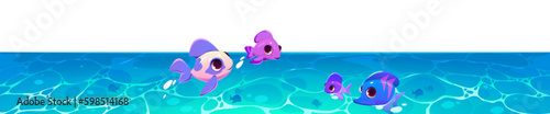 Isolated cartoon sea underwater with fish family. Cute character in cartoon ocean water marine panoramic horizon. Purple baby creature asset with silhouette for template for game banner backdrop.