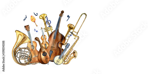 Canvas Print Guitar, violin, contrabass and banjo, mandolin watercolor illustration isolated