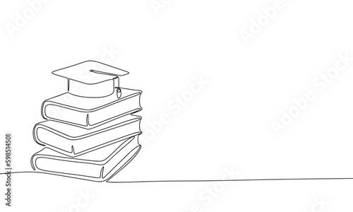 Graduation cap and books one line continuous illustration. Line art graduation education vector.