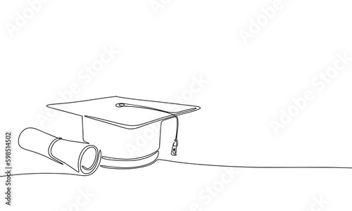 Graduation cap and diploma one line continuous illustration. Line art graduation education vector.