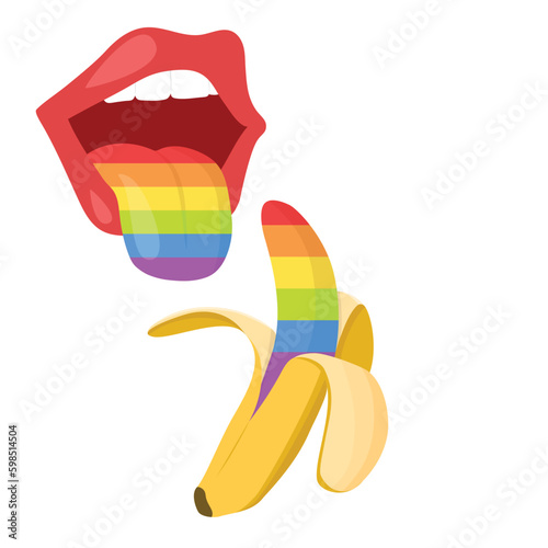 LGBT concept. Open mouth with rainbow tongue and rainbow banana. LGBT equal rights movement and gender equality concept. Vector illustration
