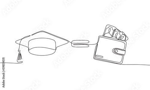 Graduation cap equal wallet with money one line continuous illustration. Line art graduation, cost education vector.