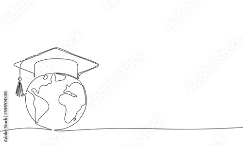 Graduation cap on earth, one line continuous illustration. Line art graduation international education concept vector.