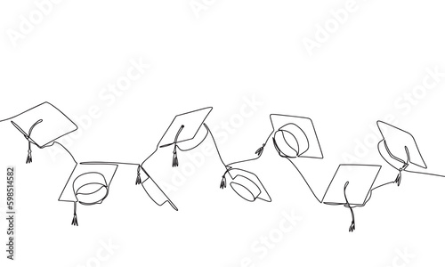 Throwing graduation caps one line continuous illustration. Line art graduation education vector banner.