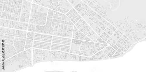 White and light grey Bangui city area, Central African Republic, vector background map, roads and water illustration. Widescreen proportion, digital flat design.