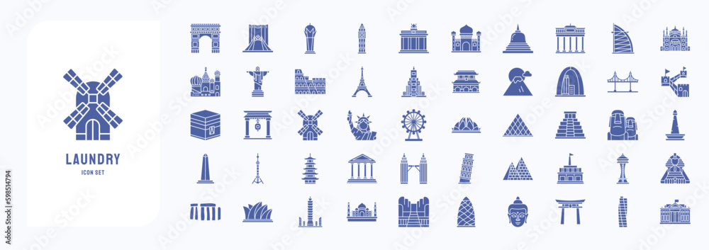 A collection sheet of solid icons for World famous landmarks, including icons like Taj Mahal, Taipei, Tori and more