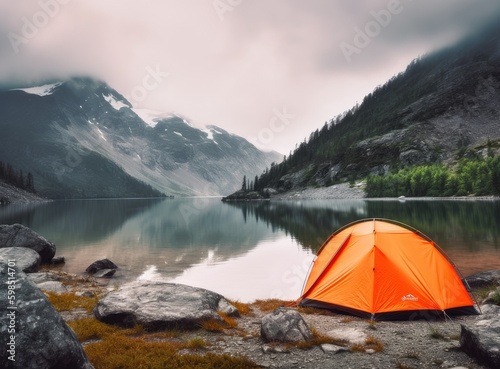 tourist lit tent by the lake at sunset. Dramatic sky. Orange lit inside the tent and a fire over the misty river at sunset. Dramatic sunset. Summer landscape. created with Generative AI technology