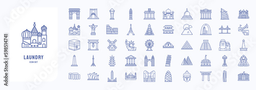 A collection sheet of outline icons for World famous landmarks, including icons like Taj Mahal, Taipei, Tori and more
