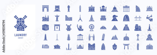 A collection sheet of solid icons for World famous landmarks  including icons like Taj Mahal  Taipei  Tori and more
