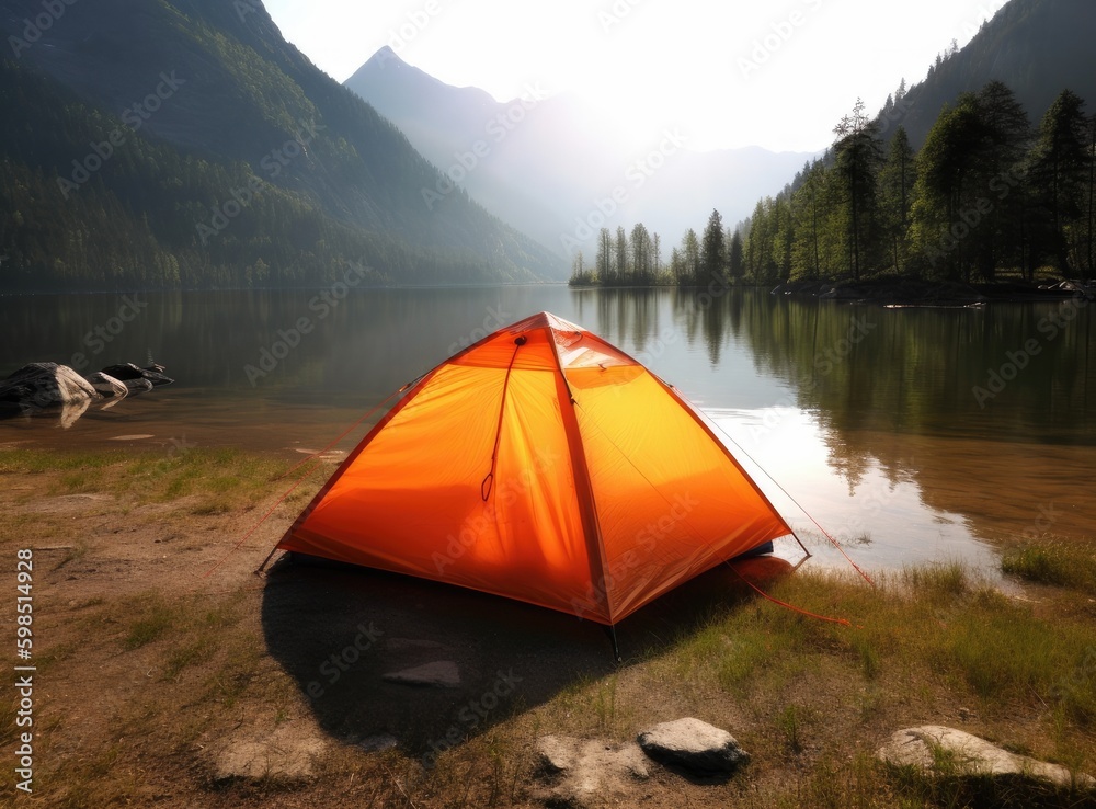 tourist lit tent by the lake at sunset. Dramatic sky. Orange lit inside the tent and a fire over the misty river at sunset. Dramatic sunset. Summer landscape. created with Generative AI technology