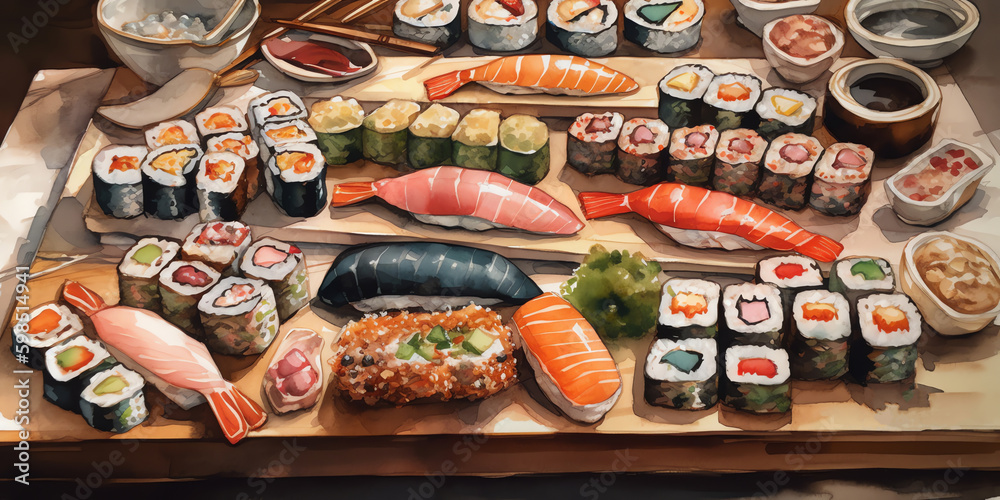 A beautifully arranged sushi platter in a watercolor painting that showcases the artistry and elegance of Japanese cuisine. Generative AI.