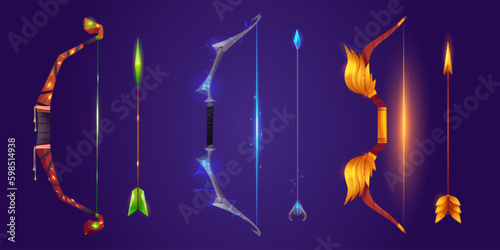 Print op canvas Cartoon set of fantasy bows and arrows isolated on background
