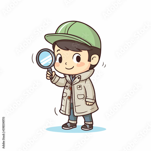 Cute little boy detective wearing coat and hat, use magnifying glass to investigate, cartoon flat character vector illustration