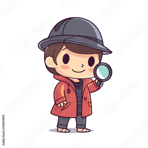 Cute little boy detective wearing coat and hat, use magnifying glass to investigate, cartoon flat character vector illustration