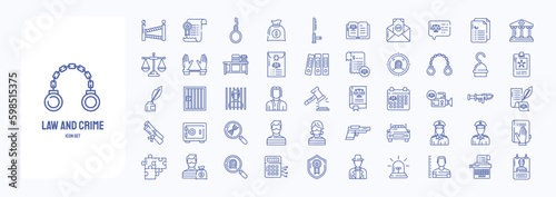 A collection sheet of outline icons for Law and Crime, including icons like Police, Custody, Court, Handcuffs and more