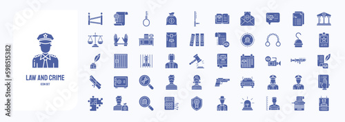 A collection sheet of solid icons for Law and Crime, including icons like Police, Custody, Court, Handcuffs and more