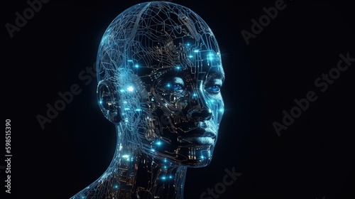 Abstract digital human face. Cyborg 3d background. Ai generated