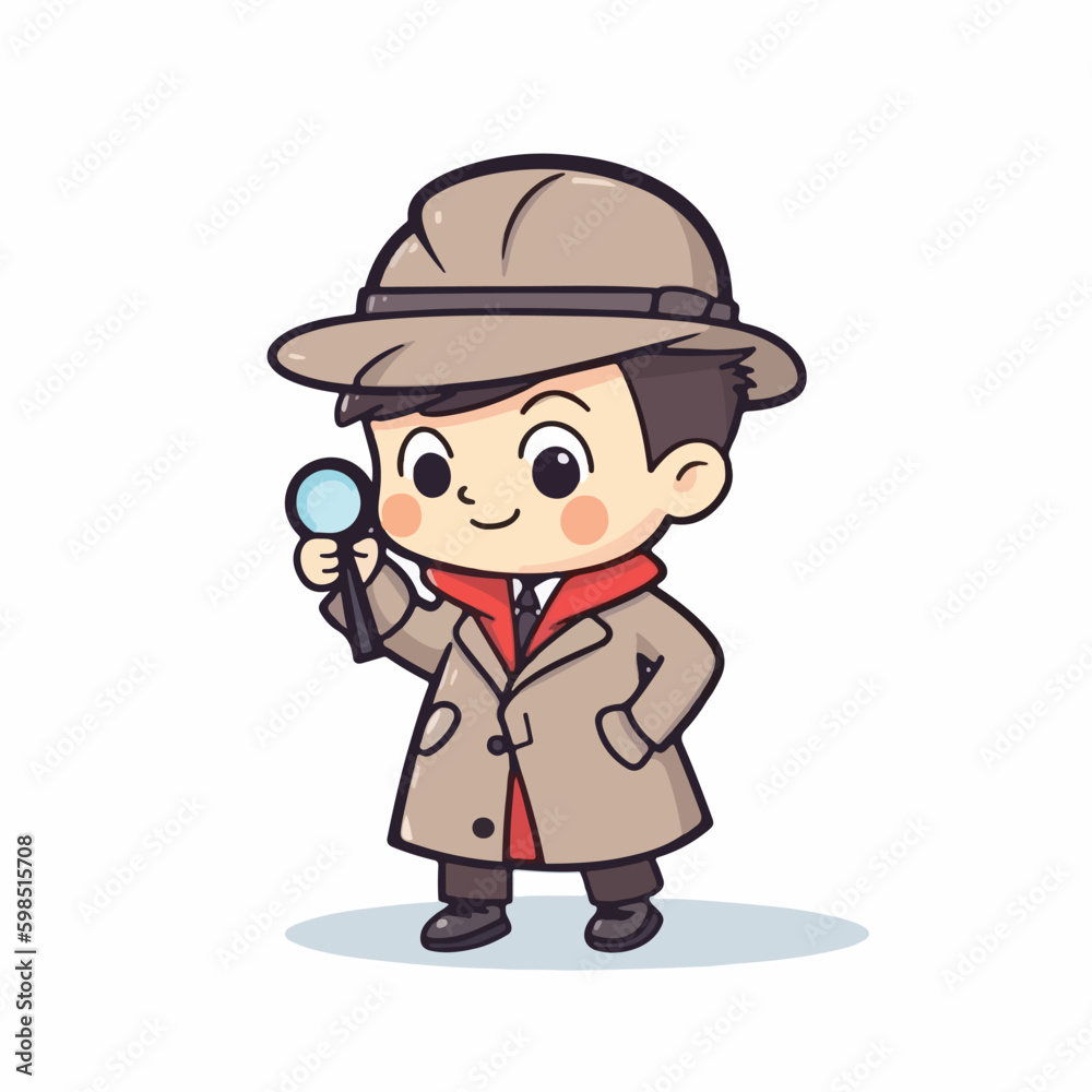 Cute little boy detective wearing coat and hat, use magnifying glass to