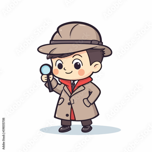 Cute little boy detective wearing coat and hat, use magnifying glass to investigate, cartoon flat character vector illustration