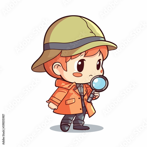 Cute little boy detective wearing coat and hat, use magnifying glass to investigate, cartoon flat character vector illustration