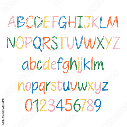 Scribble colorful alphabet Letter and Number. Hand Drawn abc grunge style vector collection
