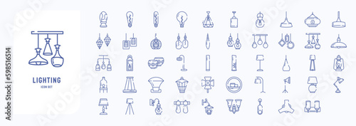 A collection sheet of outline icons for Lighting and bulb light, including icons like Bed lamp, Bulb, Decor Light and more