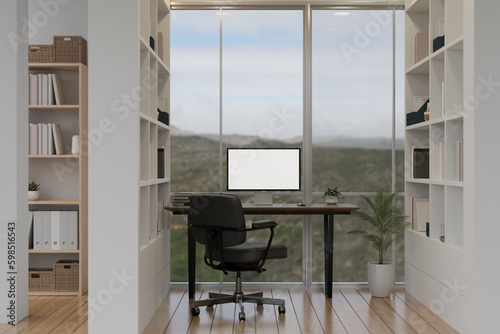 Modern minimal office room or home office interior design with computer mockup on a table