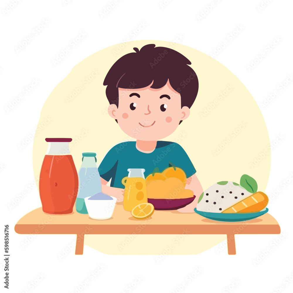 Cute little boy eating healthy food, milk, fruit, meat, vegetable cartoon flat character vector illustration Cute little boy eating healthy food, milk, fruit, meat, vegetable cartoon flat character vector illustration