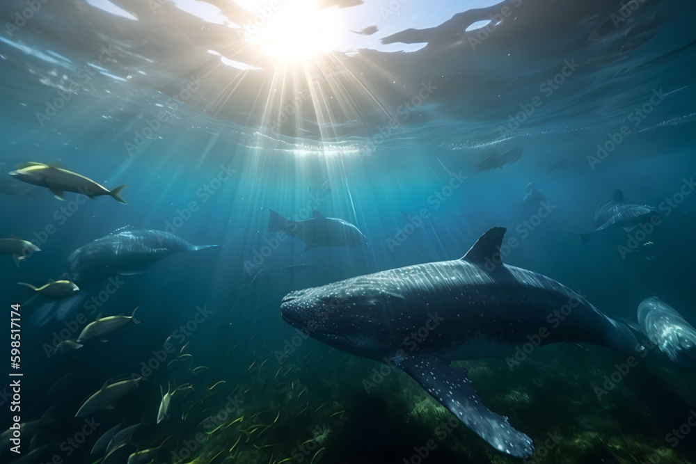 A whale and a shark swimming between grasses and other creatures under water with sunlight A whale and a shark swimming between grasses and other creatures under water with sunlight