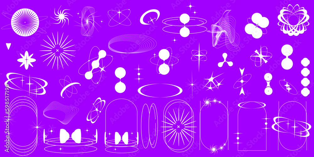 Y2k Aesthetic Shape modern Sipmle Graphic on purple background. Retro Geometric shape with star, circle form and frame. Set Abstract y2k form. Minimal aesthetic design. Trendy vector illustration.