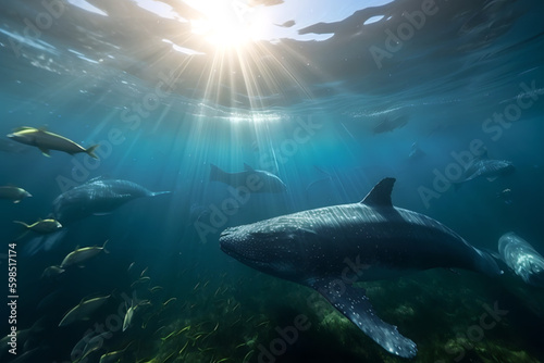 A whale and a shark swimming between grasses and other creatures under water with sunlight