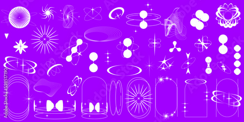 Y2k Aesthetic Shape modern Sipmle Graphic on purple background. Retro Geometric shape with star  circle form and frame. Set Abstract y2k form. Minimal aesthetic design. Trendy vector illustration.