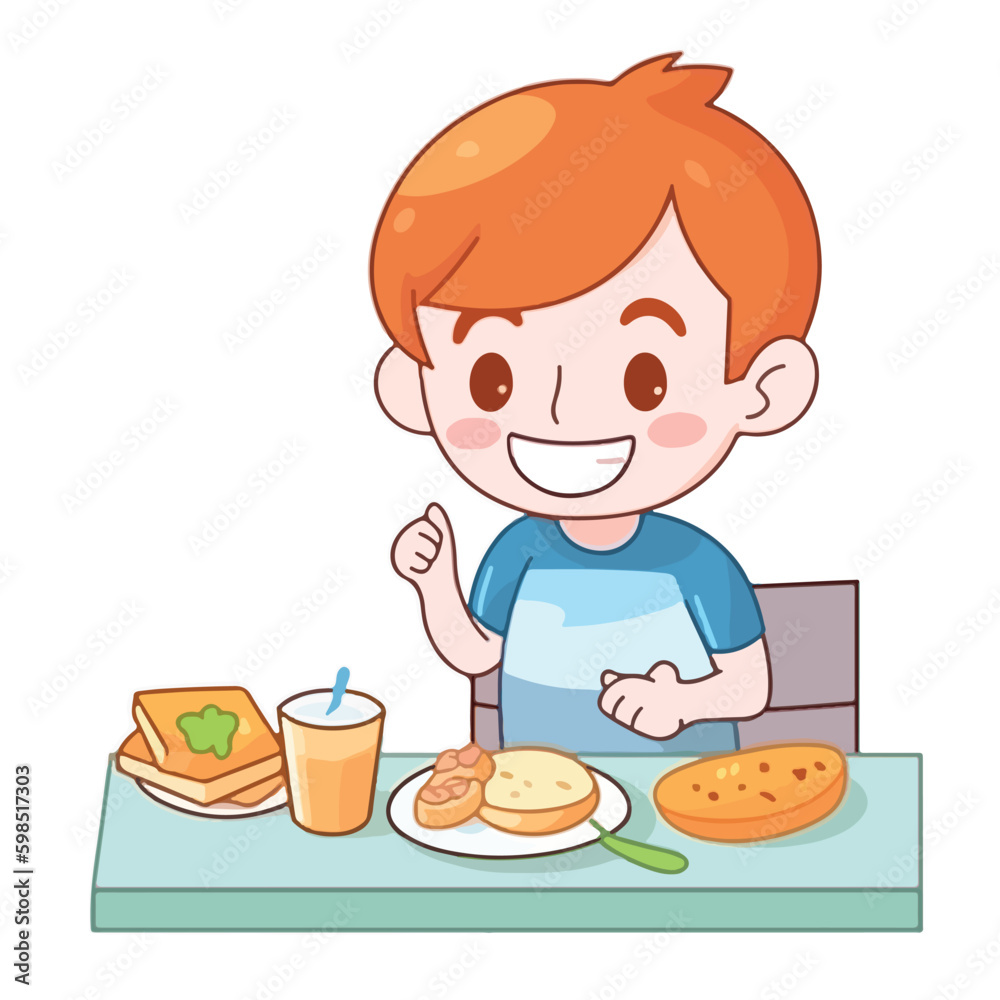 Cute little boy eating healthy food, milk, fruit, meat, vegetable cartoon flat character vector illustration Cute little boy eating healthy food, milk, fruit, meat, vegetable cartoon flat character vector illustration