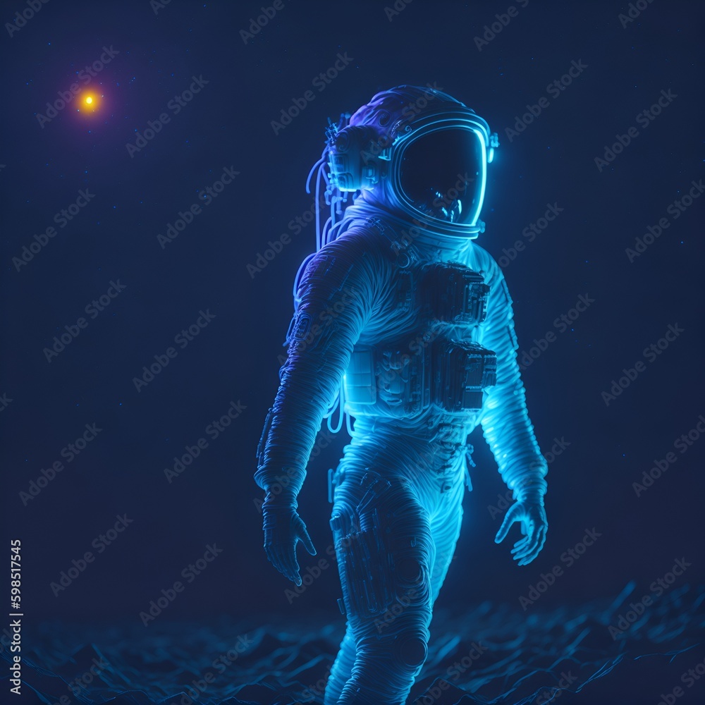 astronaut walking on the surface of a planet surrounded by reflections of neon blue lights with a bright star in the background astronaut walking on the surface of a planet surrounded by reflections of neon blue lights with a bright star in the background
