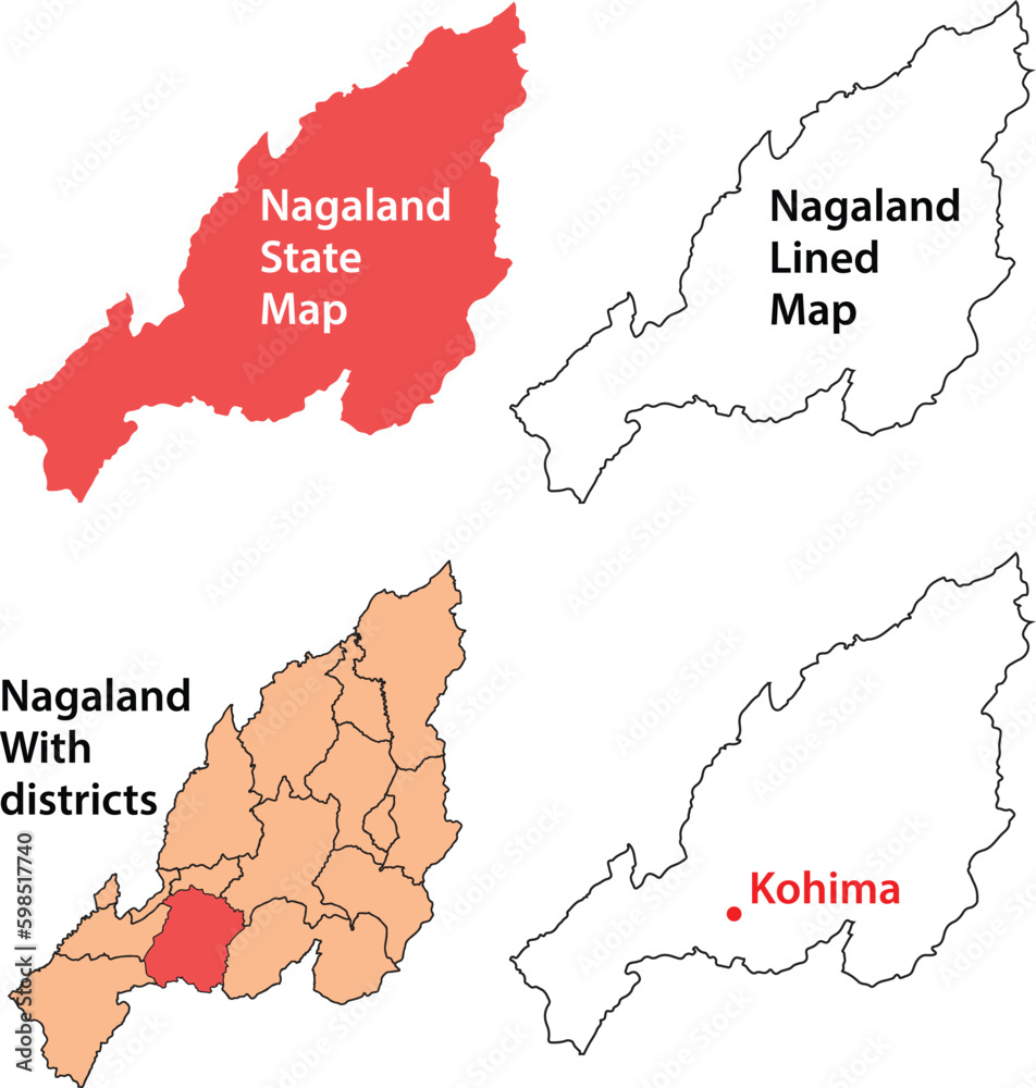Nagaland vector, Nagaland map vector of India, Nagaland line map