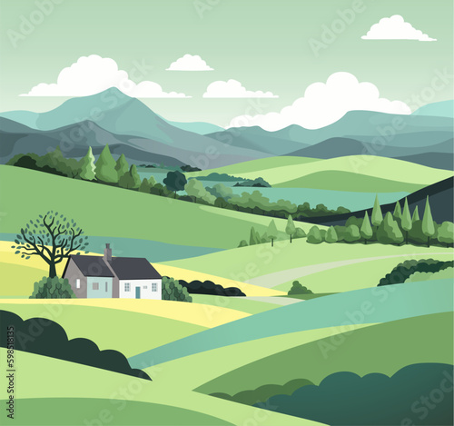 A rural landscape background of rolling hills and mountains. Fields, farm land and trees with a cottage or farmers house.