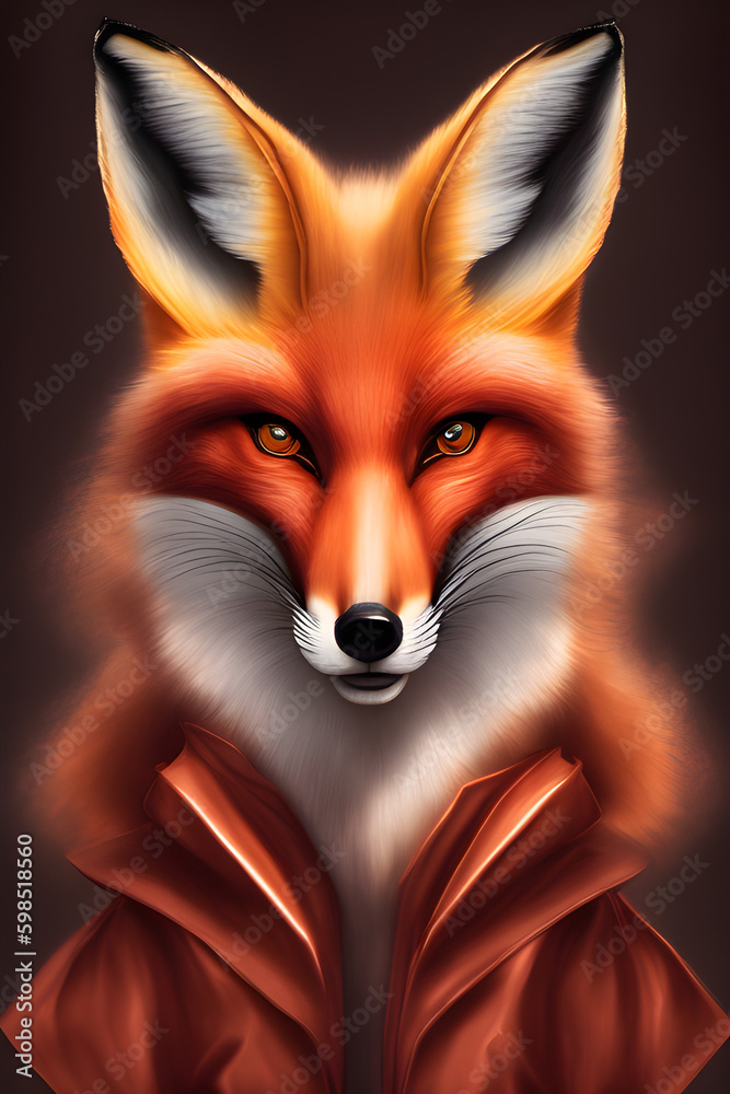 Fototapeta premium Portrait of a red fox in clothes on a dark background. The head of a beautiful forest animal. Smart look of a dodgy fox, a skillful predator and an elegant animal, generative AI