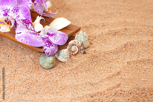 Purple orchid in wooden bowl on the sand of beach with seashells. Aesthetic photography. Travel, summer, vacation, sauna, spa. Copy space photo