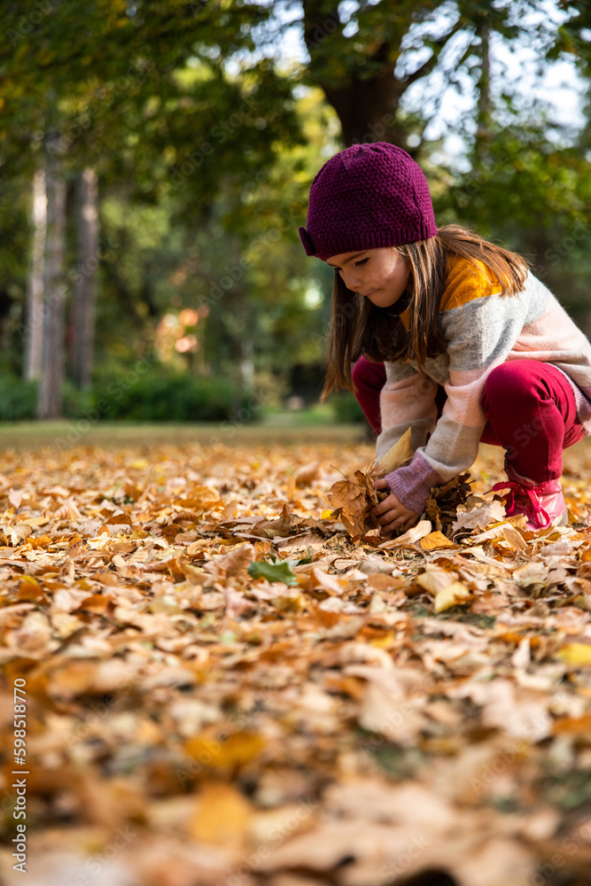 Girl picking up dry autumn leaves at park Girl picking up dry autumn leaves at park